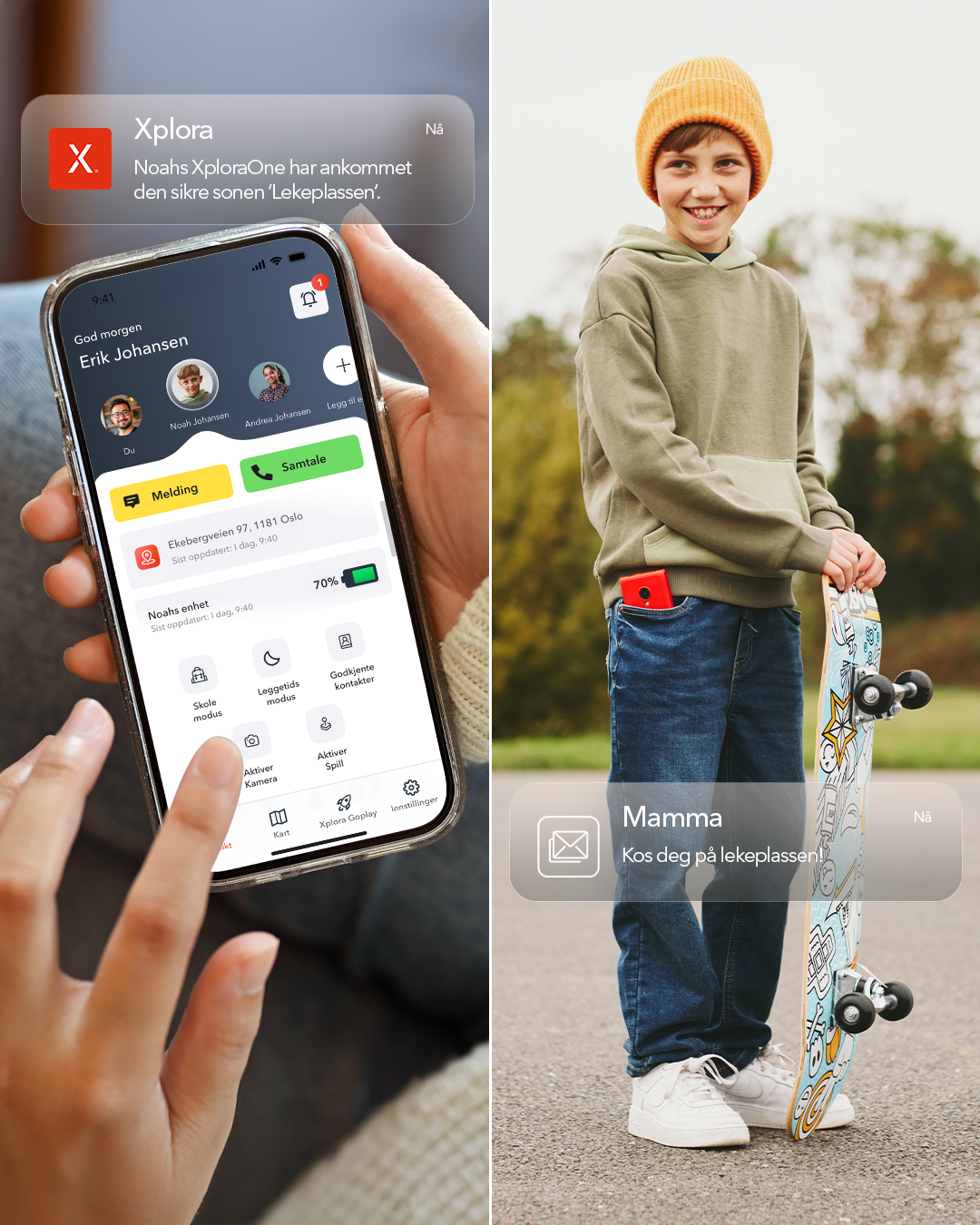 Hånd som holder en mobil med Xplora Guardian-appen og varsel om trygg sone; ved siden av en smilende gutt med skateboard og rød mobil i lomma.